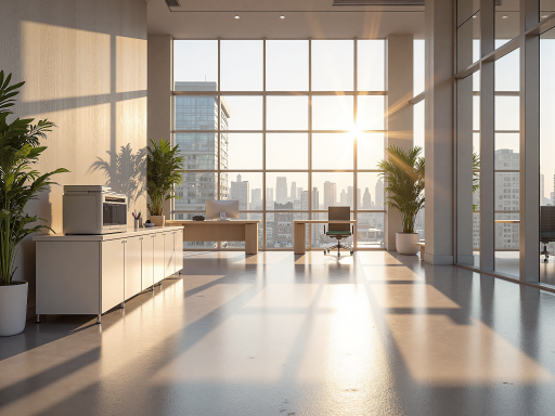 现代办公环境,整洁明亮的办公室内部,白色桌椅,绿色植物装饰,自然光线充足