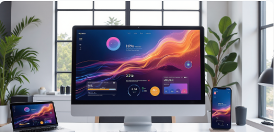 现代简约风格的数字设计作品展示,包含几何图形和渐变色彩,蓝色和紫色调,抽象艺术风格